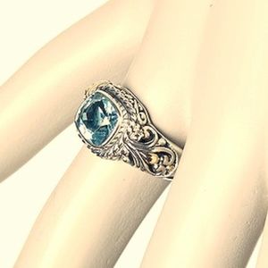 18K Yellow Gold & Oxidized Silver Blue Topaz Ring